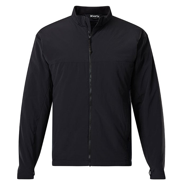 Product shot of a black Xvertx men's zip-up jacket featuring a stand-up collar and subtle branding showcasing its lightweight, water-resistant fabric and comfortable fit