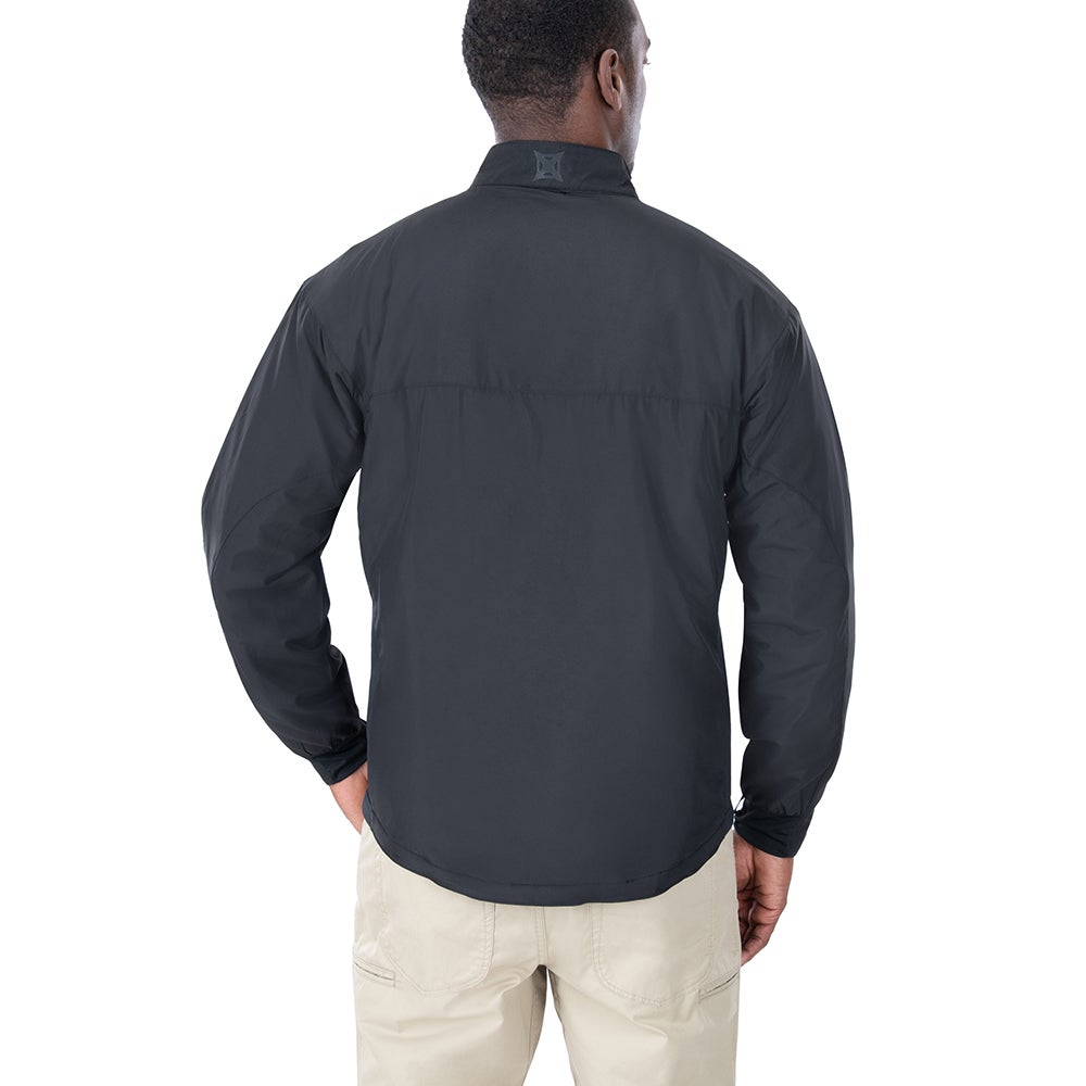 Product shot showing a man's dark charcoal gray jacket with a small logo on the back against a white background
