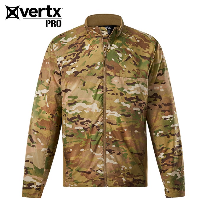 Product shot of a Vertx Pro lightweight jacket featuring a multicam camouflage pattern with tan, green, and brown tones and a full-length zipper.