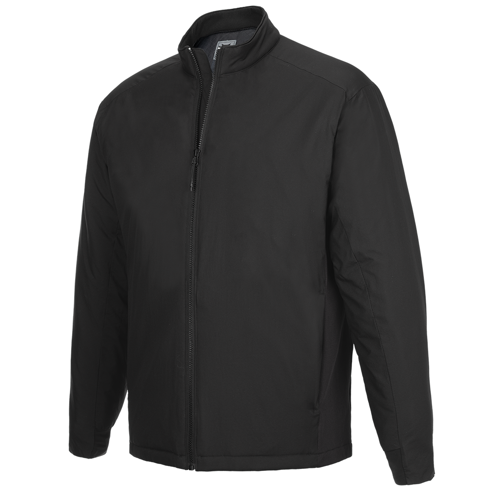 Product shot of a black softshell jacket with a full-zip front and stand-up collar showing subtle texture and clean lines