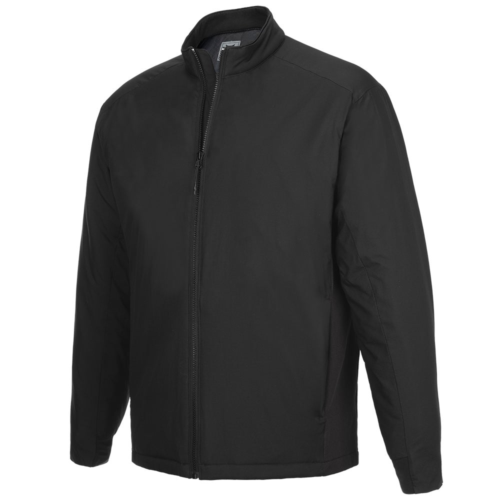 Product shot of a black men's zip-up jacket featuring a stand-up collar and long sleeves showing subtle texture and a full-length zipper