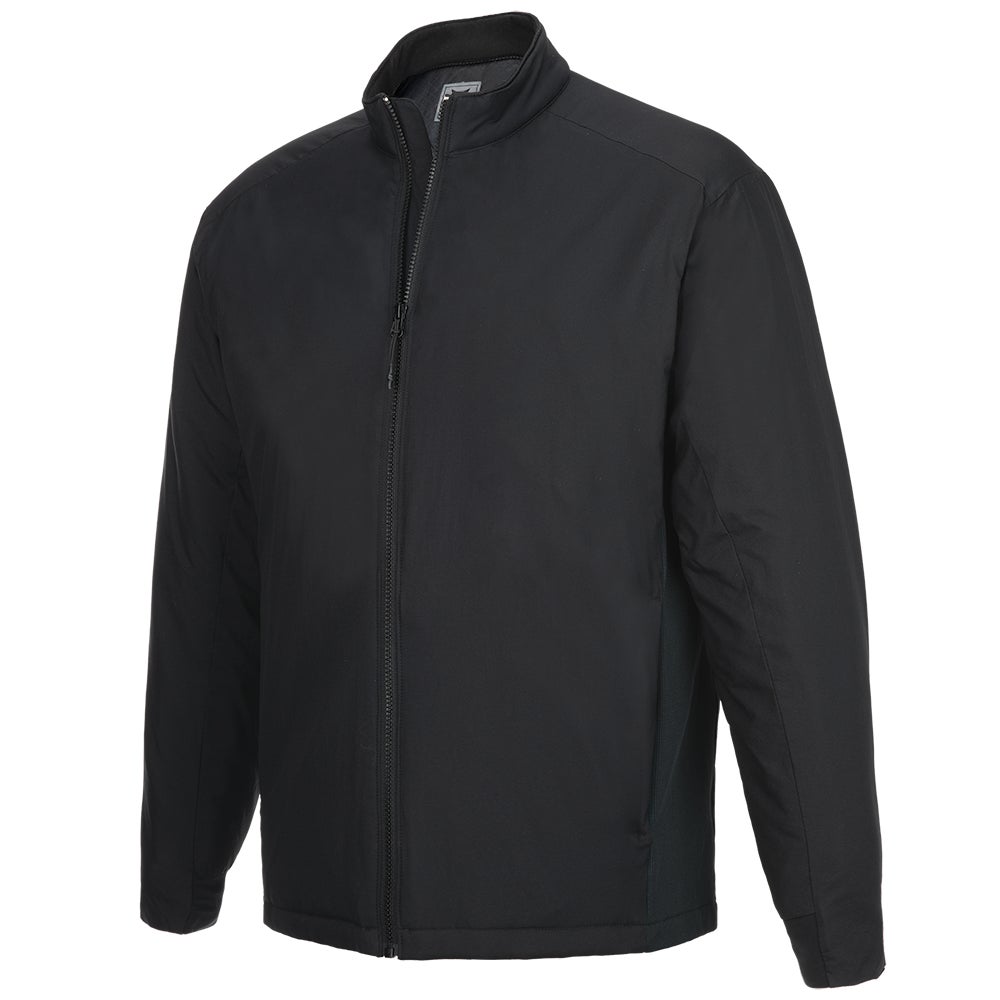 Product shot of a black, zip-up jacket with a stand-up collar and subtle quilted details showing a sleek, modern design