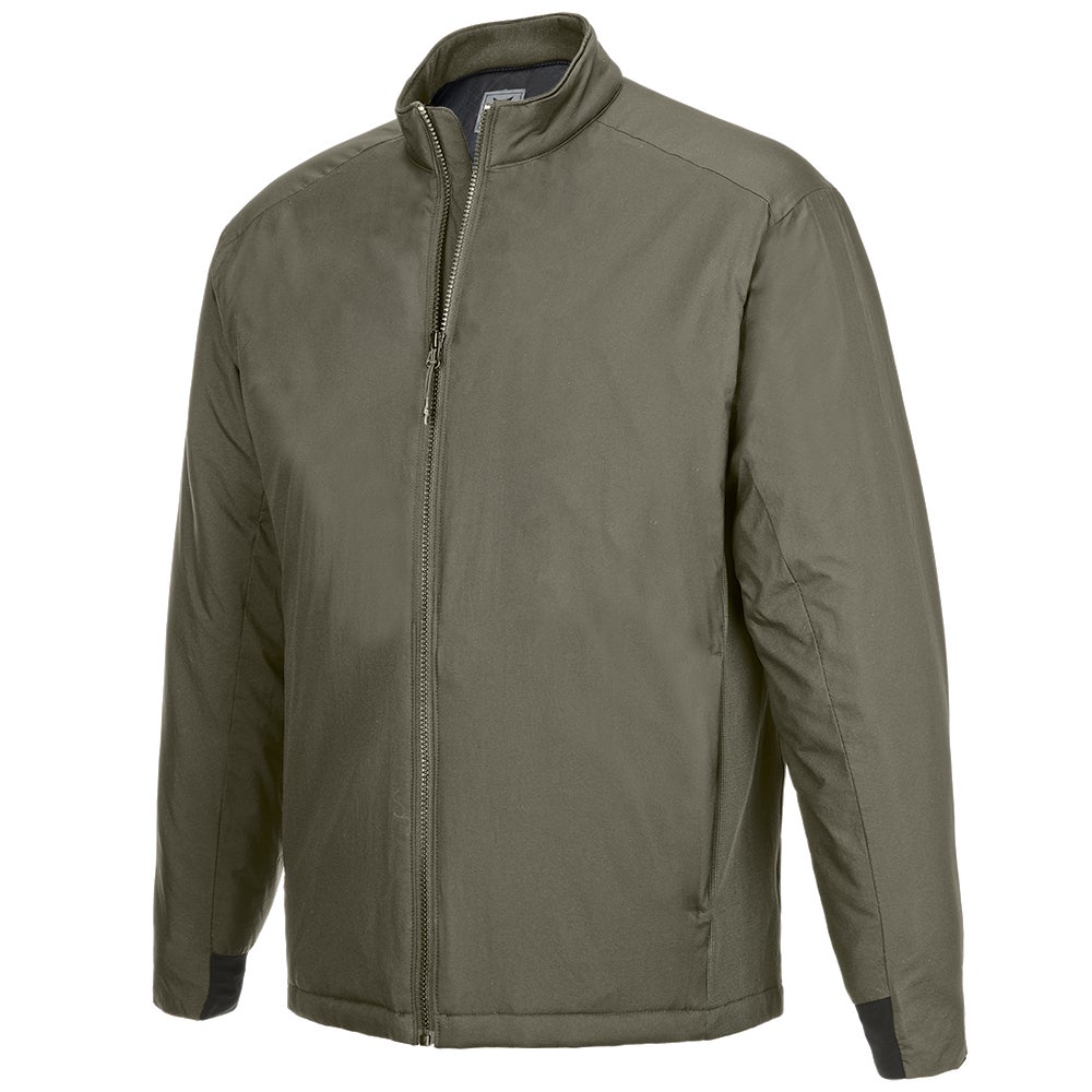 Product shot of a men's olive green insulated zip-up jacket featuring a stand collar and ribbed cuffs a full-length zipper and subtle welt pockets