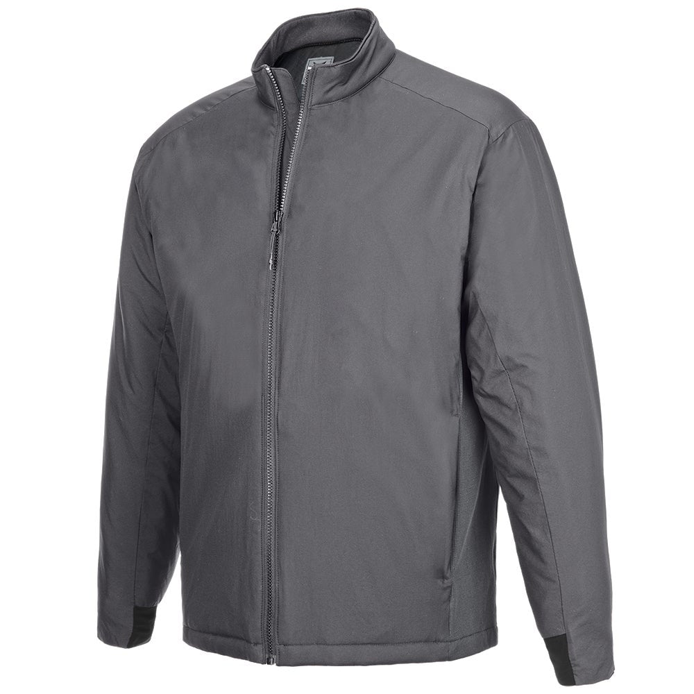 Product shot of a charcoal gray men's insulated zip-up jacket with stand-up collar and ribbed cuffs showing subtle texture and a sleek design