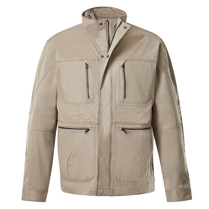 Product shot of a beige cotton utility jacket with multiple zippered pockets and contrasting black stitching