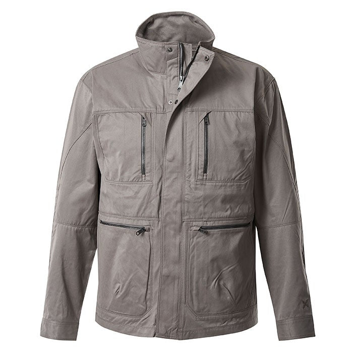 Product shot of a gray men's utility jacket featuring multiple zippered pockets and a stand-up collar showcasing durable fabric and a contemporary design