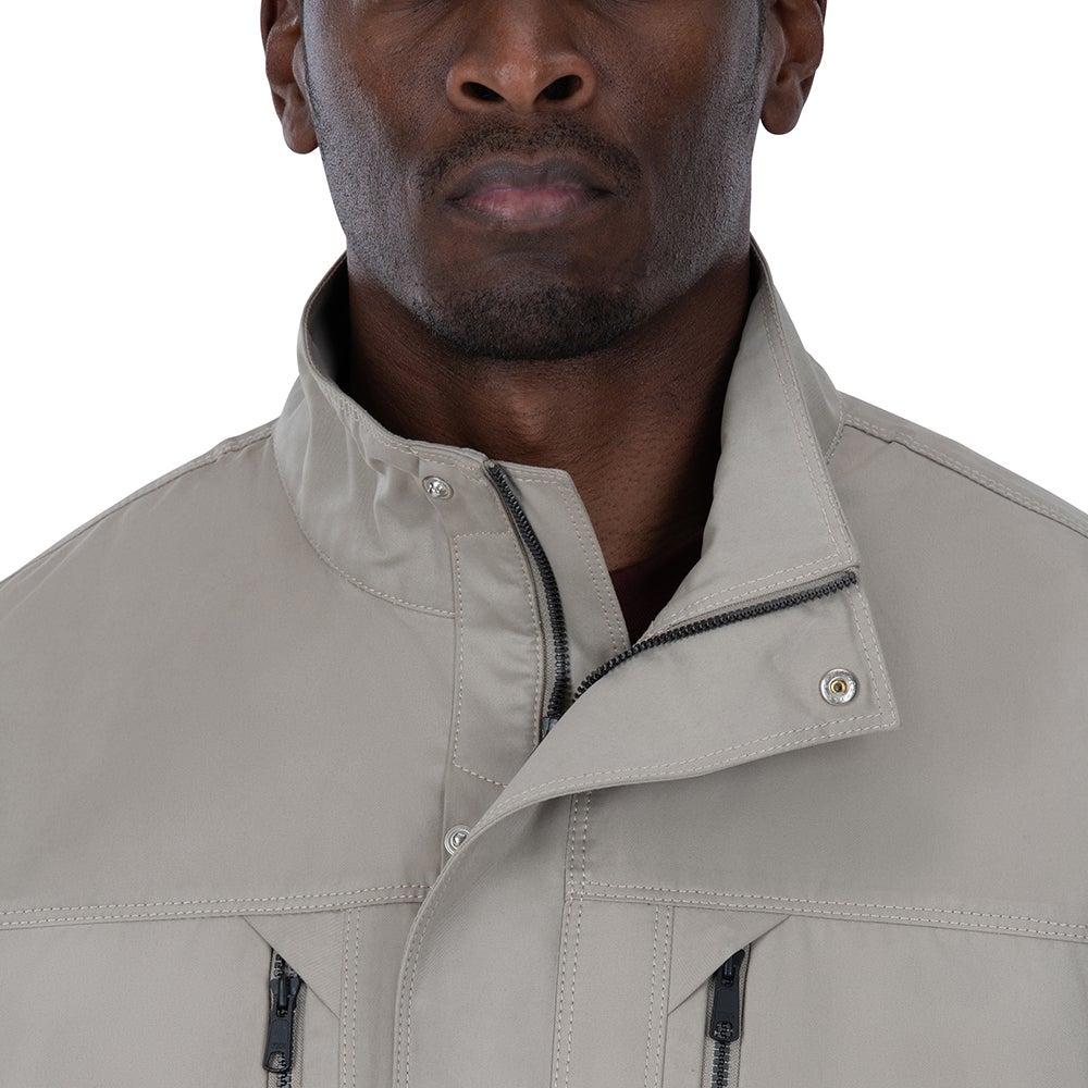 Close-up of a beige men's jacket showcasing a high collar, black zipper, and subtle stitching details