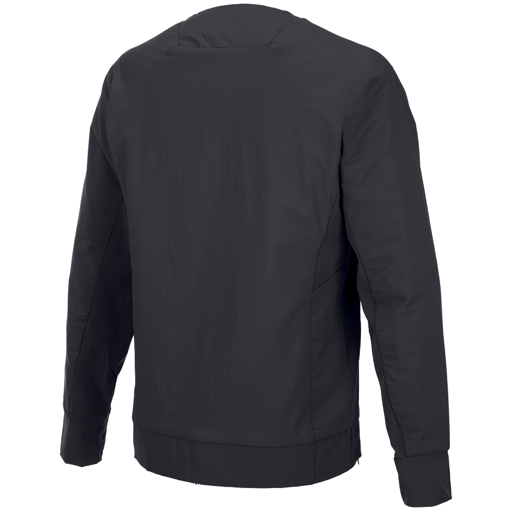 Product shot of a dark gray men's lightweight jacket showing raglan sleeves and a ribbed hem