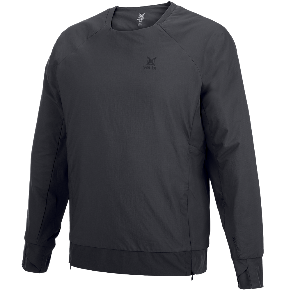 Product shot of a Vertx dark gray long-sleeved shirt featuring a small logo and subtle side paneling with a zipper detail at the hem.