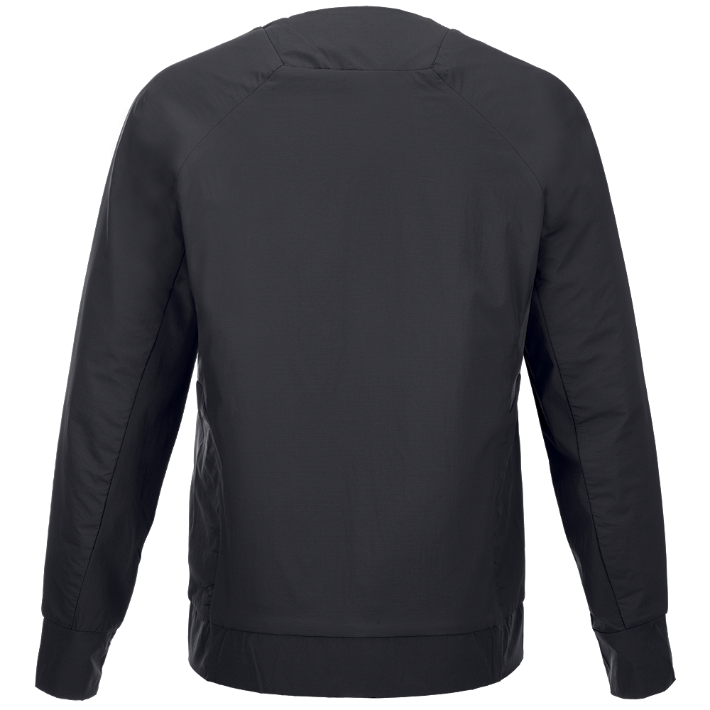 Product shot of a dark gray long-sleeved sweatshirt featuring raglan sleeves and ribbed cuffs and hem showcasing its soft texture and subtle sheen
