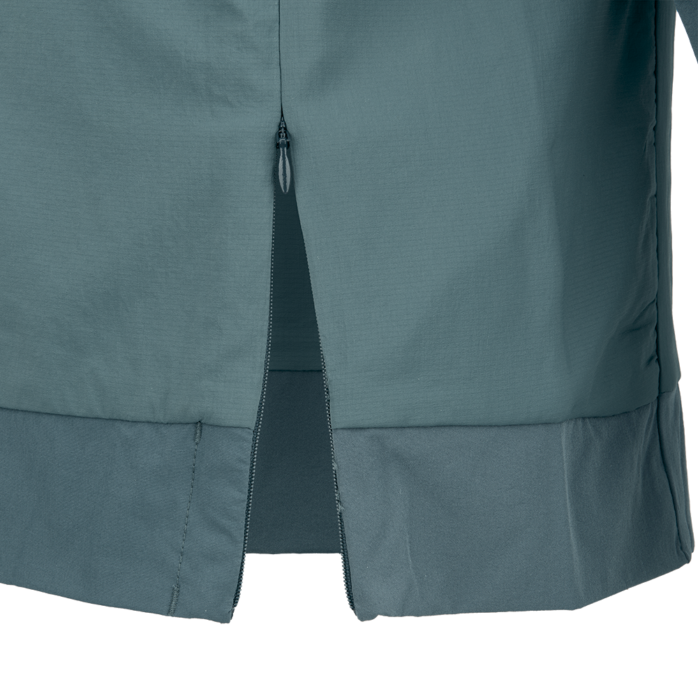 Product shot showing a teal jacket back detail with a center zipper featuring subtle stitching and a dark gray zipper pull