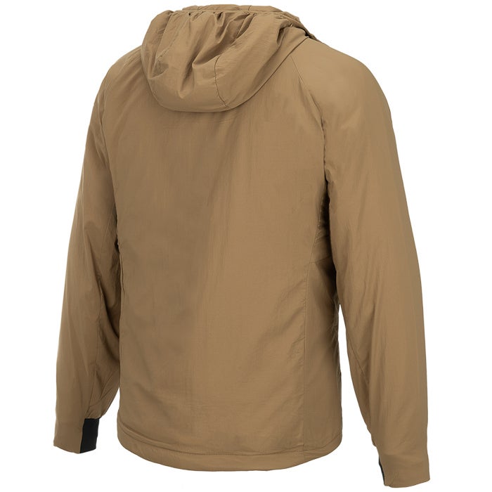 Product shot of a tan hooded jacket with black cuffs and raglan sleeves showing a light texture and subtle sheen