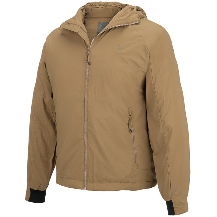 Product shot of a tan Helikon-Tex jacket with a zipper front, a small logo, and black cuffs and zipper pulls.