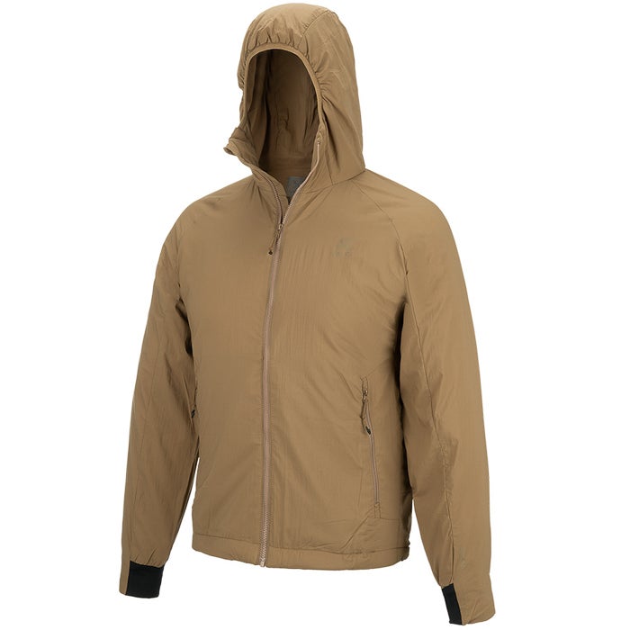 Product shot of a tan insulated zip-up jacket with a drawstring hood and subtle branding featuring black cuffs and zippered pockets