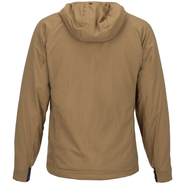 Product shot of a tan hooded jacket with raglan sleeves and dark gray cuffs showing a lightweight and casual design