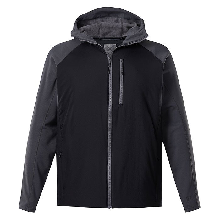 Product shot of a black and gray zip-up hooded jacket featuring a contrasting gray hood liner and sleeve accents a zippered chest pocket and a small brand logo on the chest