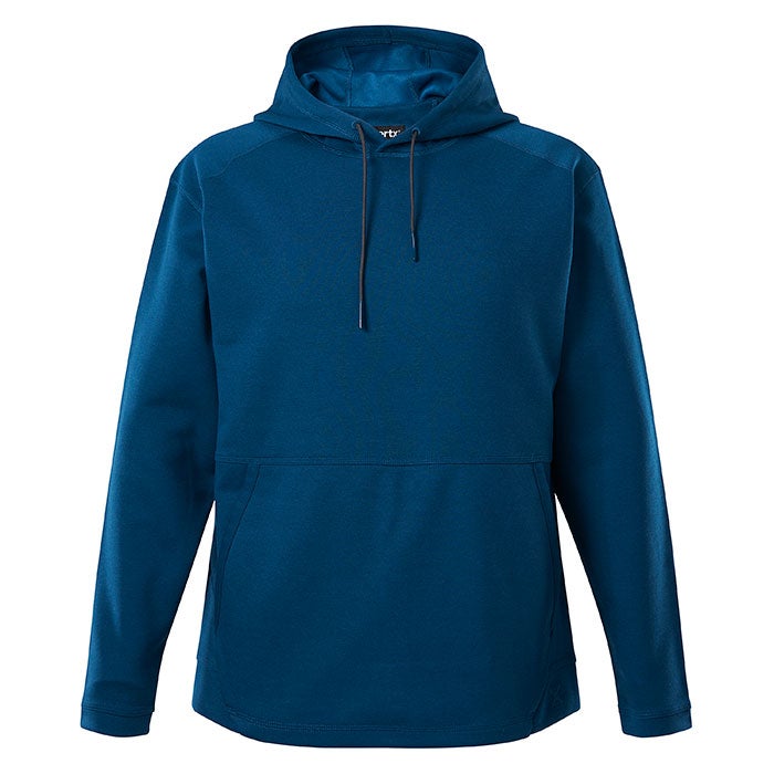 Product shot of a teal hooded sweatshirt featuring a kangaroo pocket and dark gray drawstrings a classic comfortable design