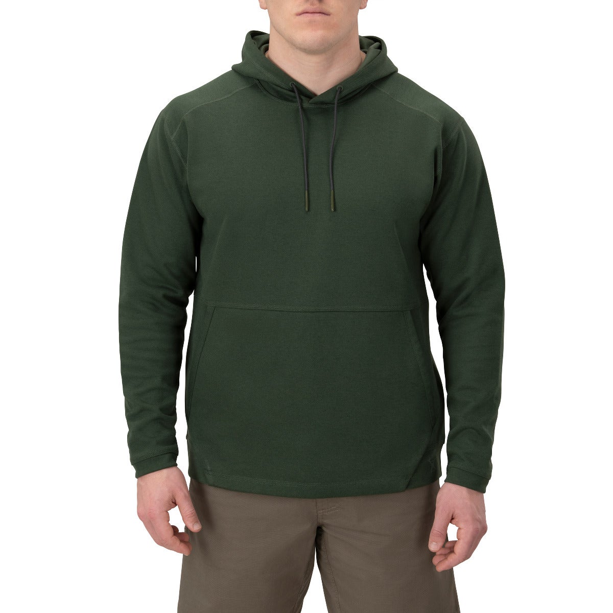 Product shot of a dark olive green hooded sweatshirt with kangaroo pocket and dark gray drawstrings on a male model against a white background
