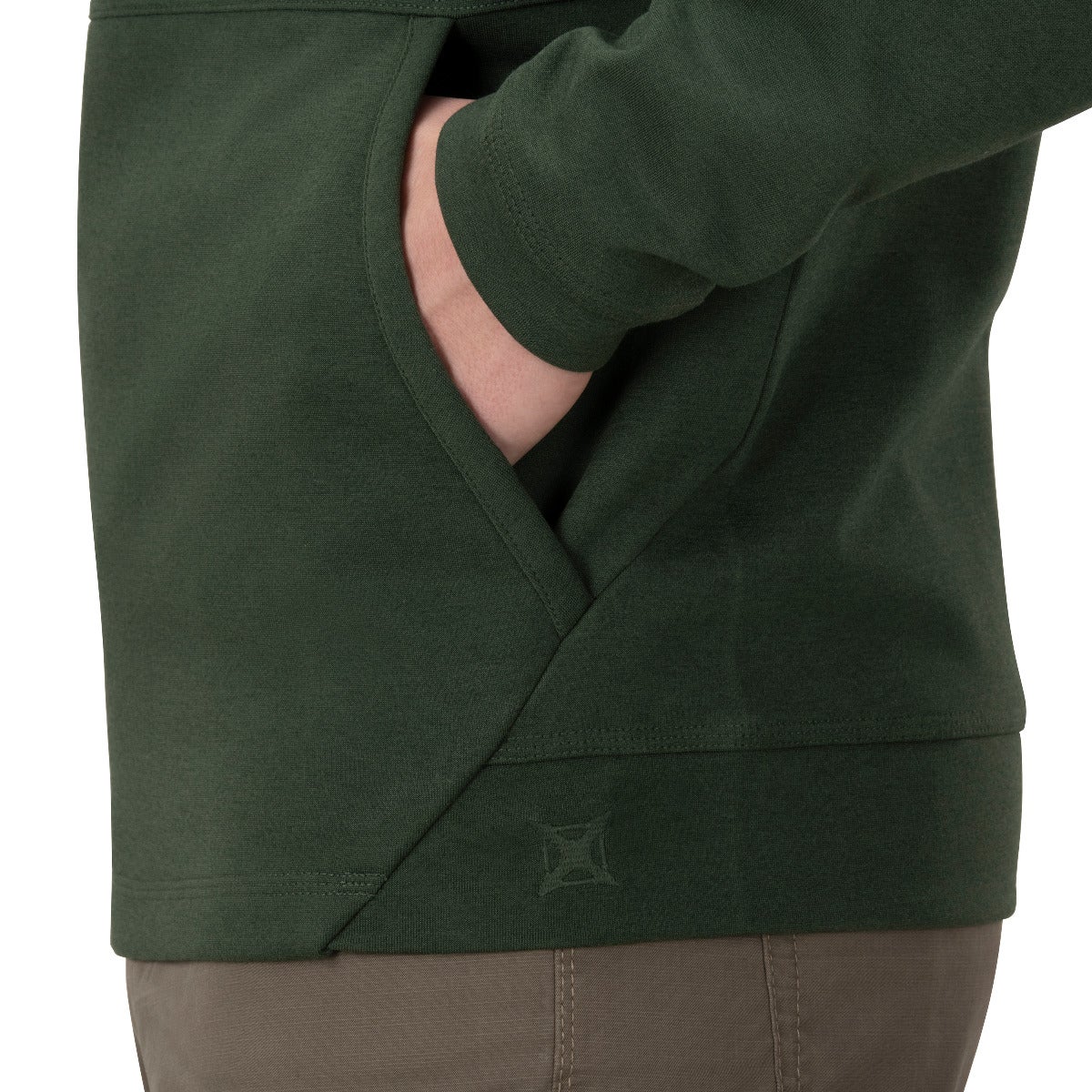 Product shot of a dark green long sleeve shirt showing a kangaroo pocket and subtle branding detail near the hem the fabric is soft and the color is deep