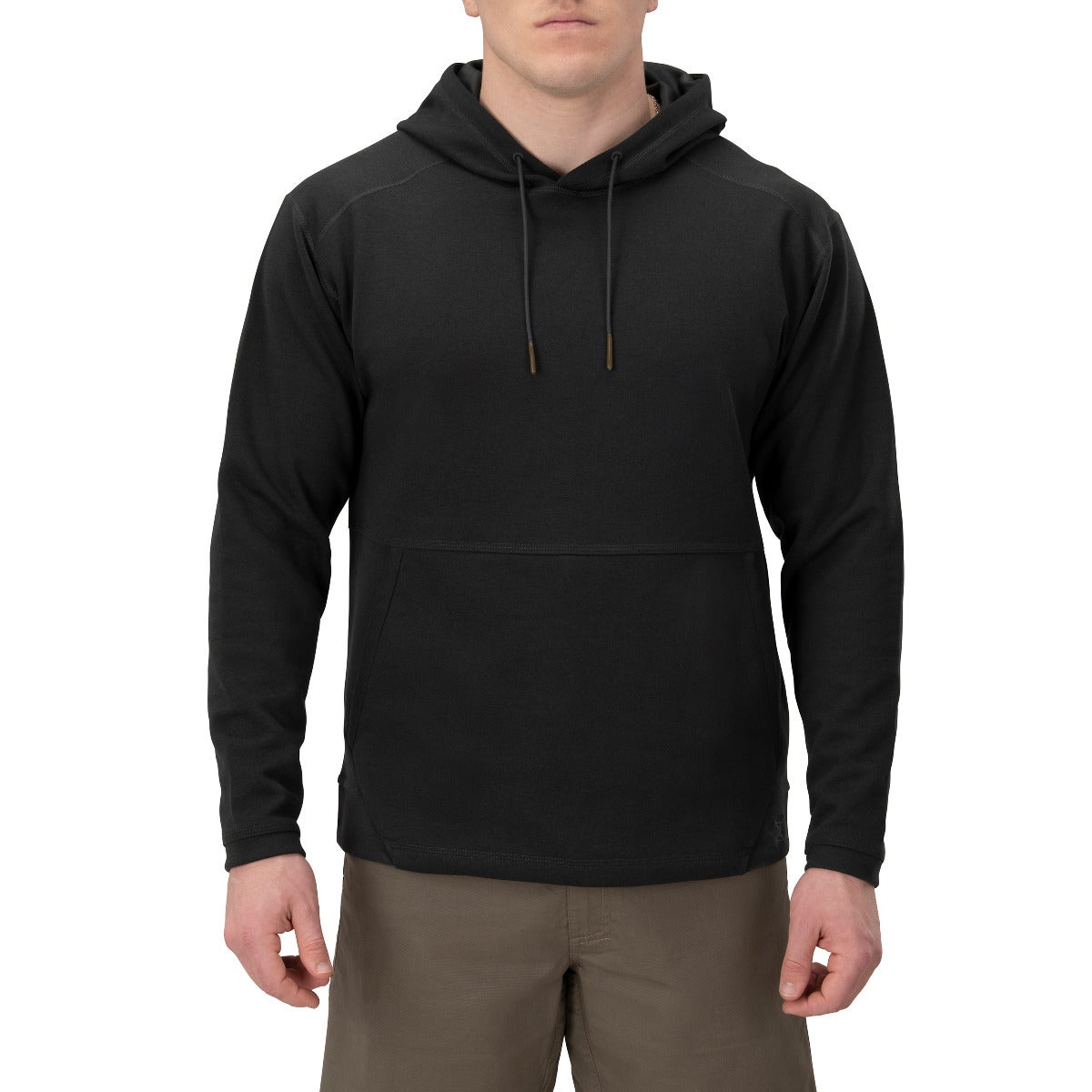 Product shot of a black men's hoodie with kangaroo pocket and brass drawstring featuring a relaxed fit and subtle seaming details