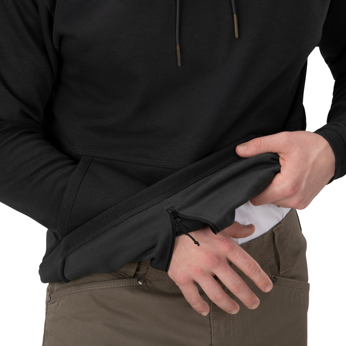Product shot showing a black hoodie with a hidden zipper pocket and dark gray accents on the sleeve a small pull tab and contrasting stitching details