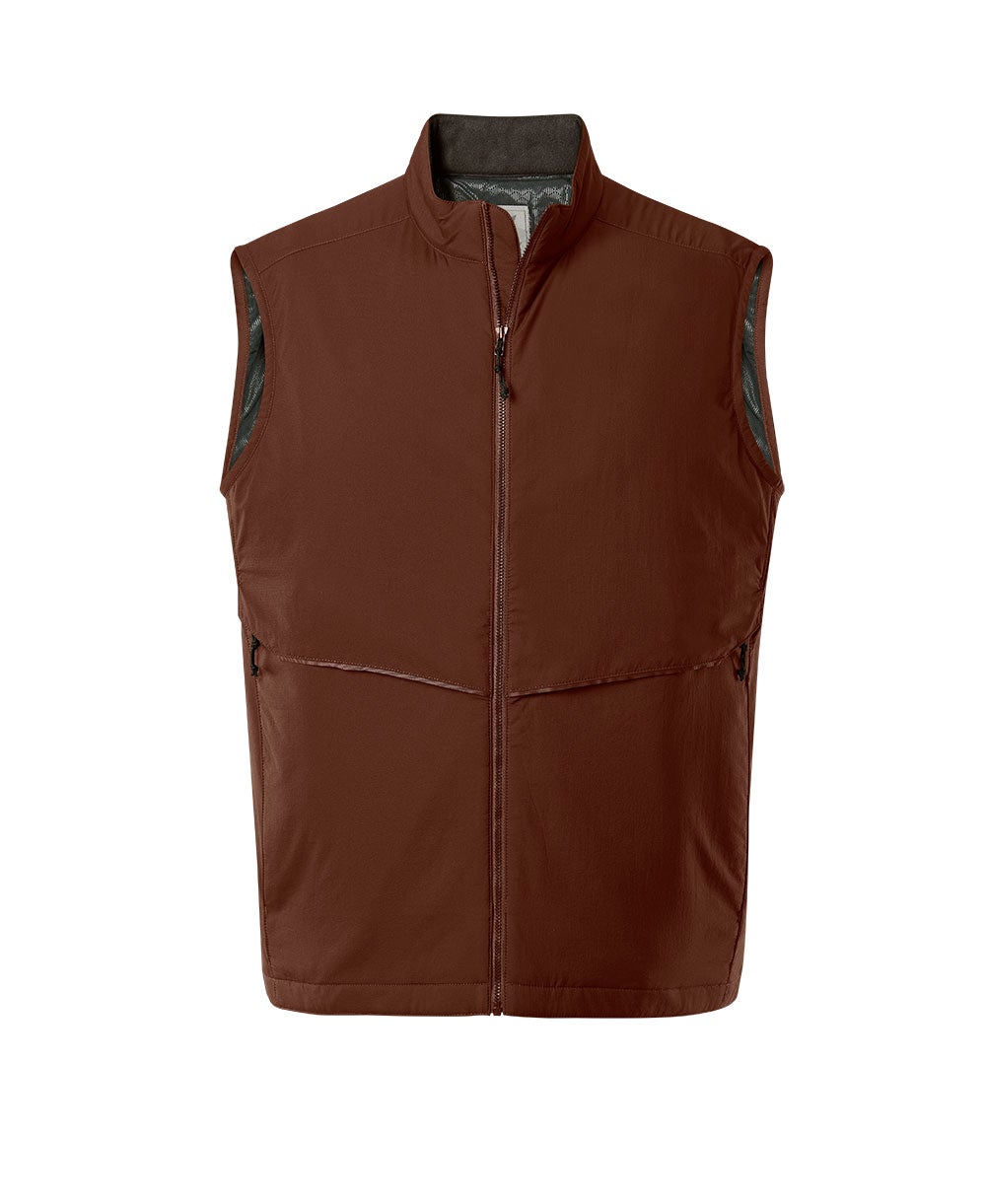 Product shot of a brown sleeveless zip-up vest featuring a dark gray collar and subtle stitching details along the front and sides