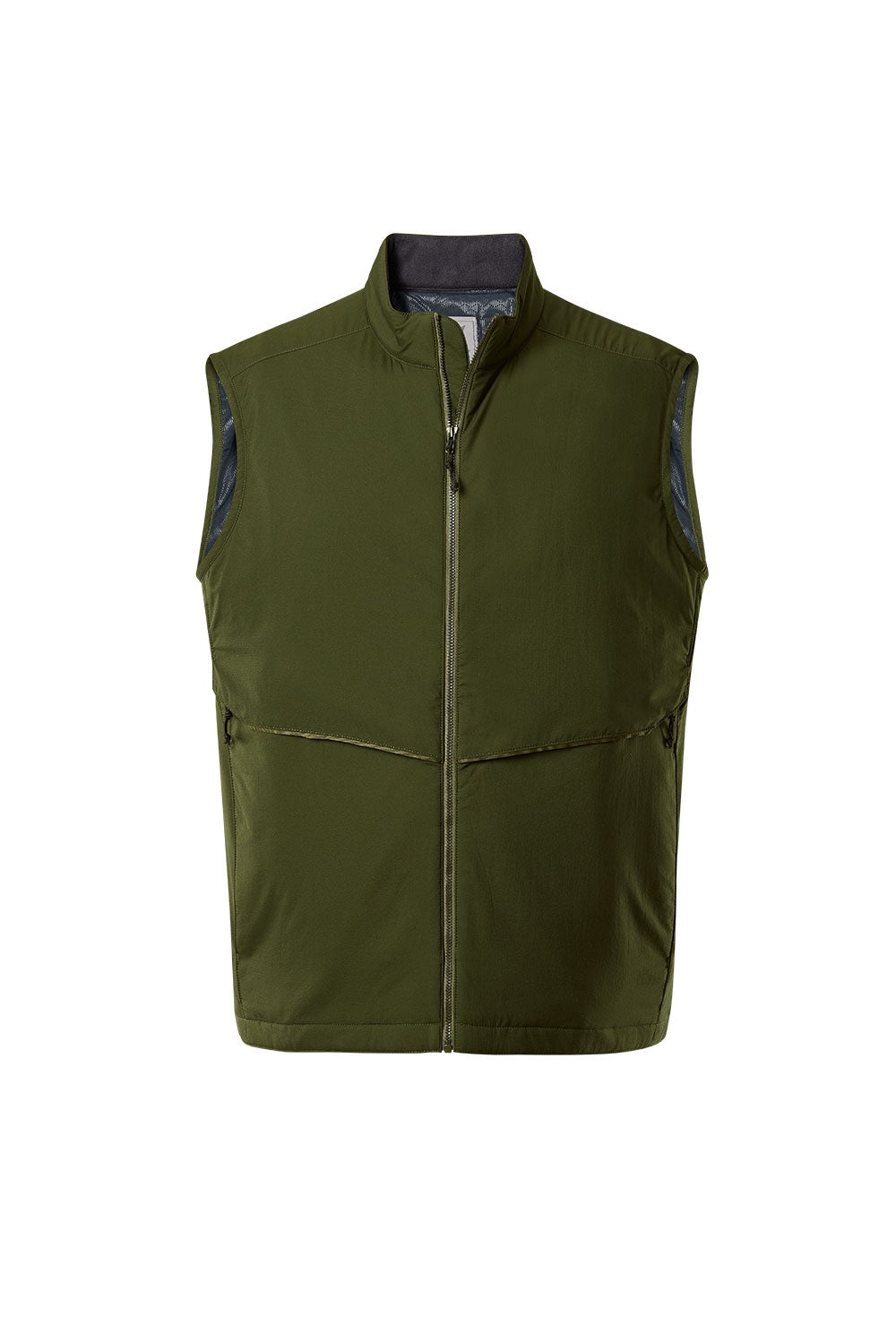 Product shot of a dark olive green sleeveless jacket featuring a full zip closure, a gray inner collar, and subtle stitching details