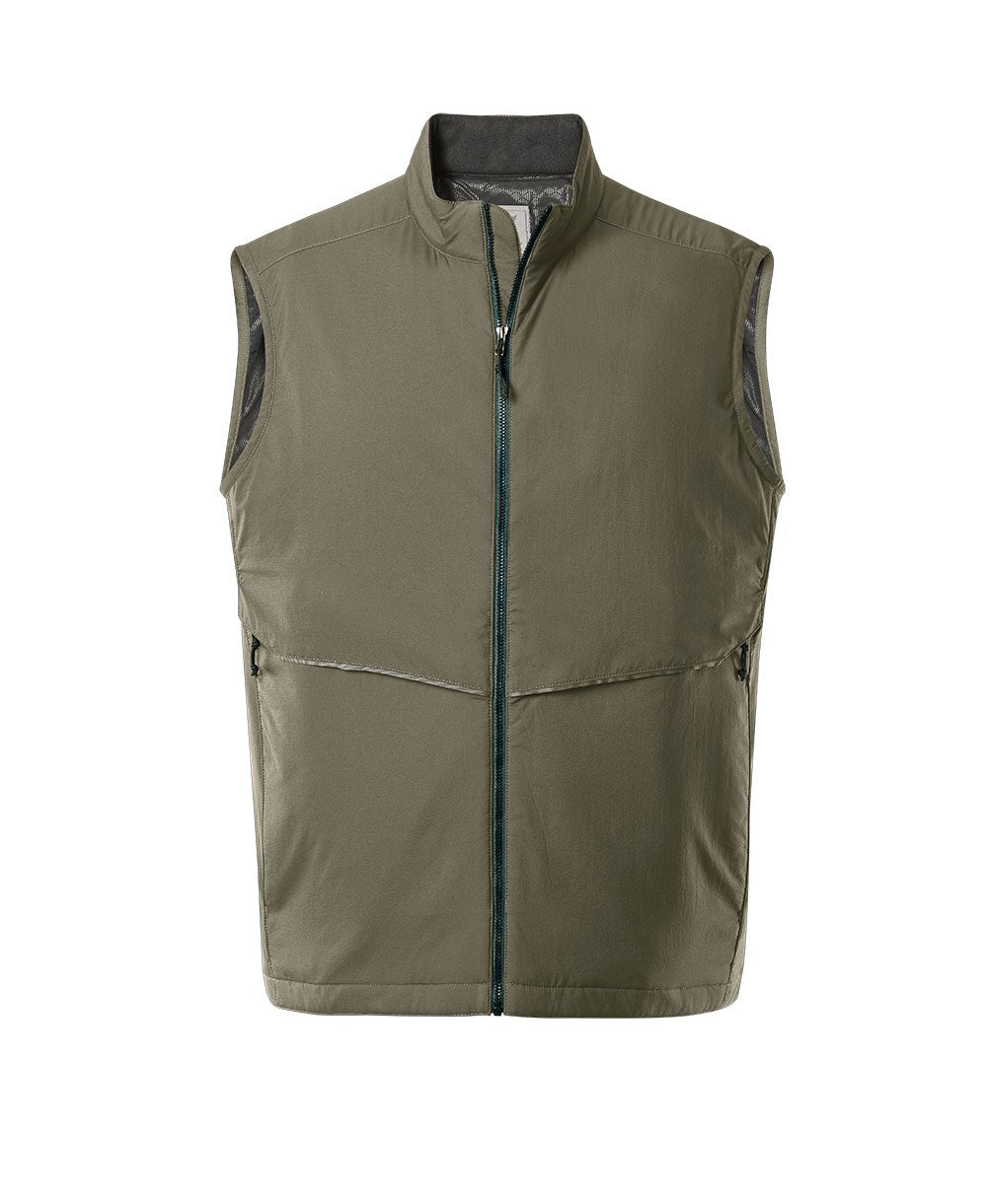 Product shot of a sleeveless olive green vest with a dark zipper and subtle mesh detailing on a white background