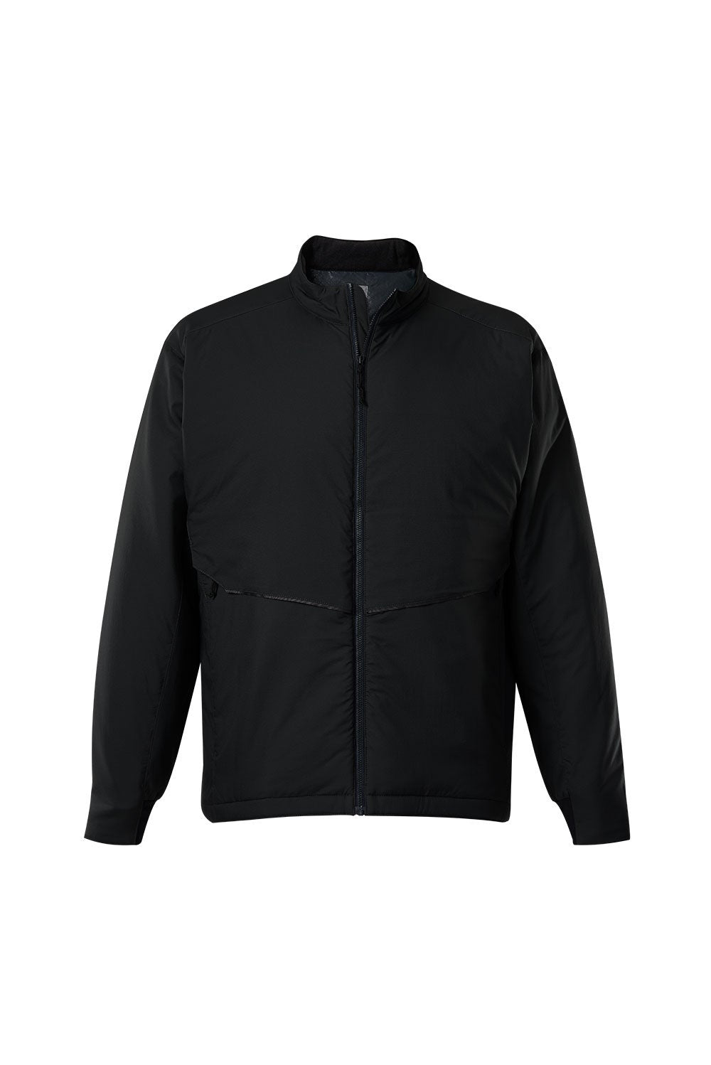 Product shot of a black insulated zip-up jacket with subtle stitching details and a stand-up collar showing its lightweight and comfortable design
