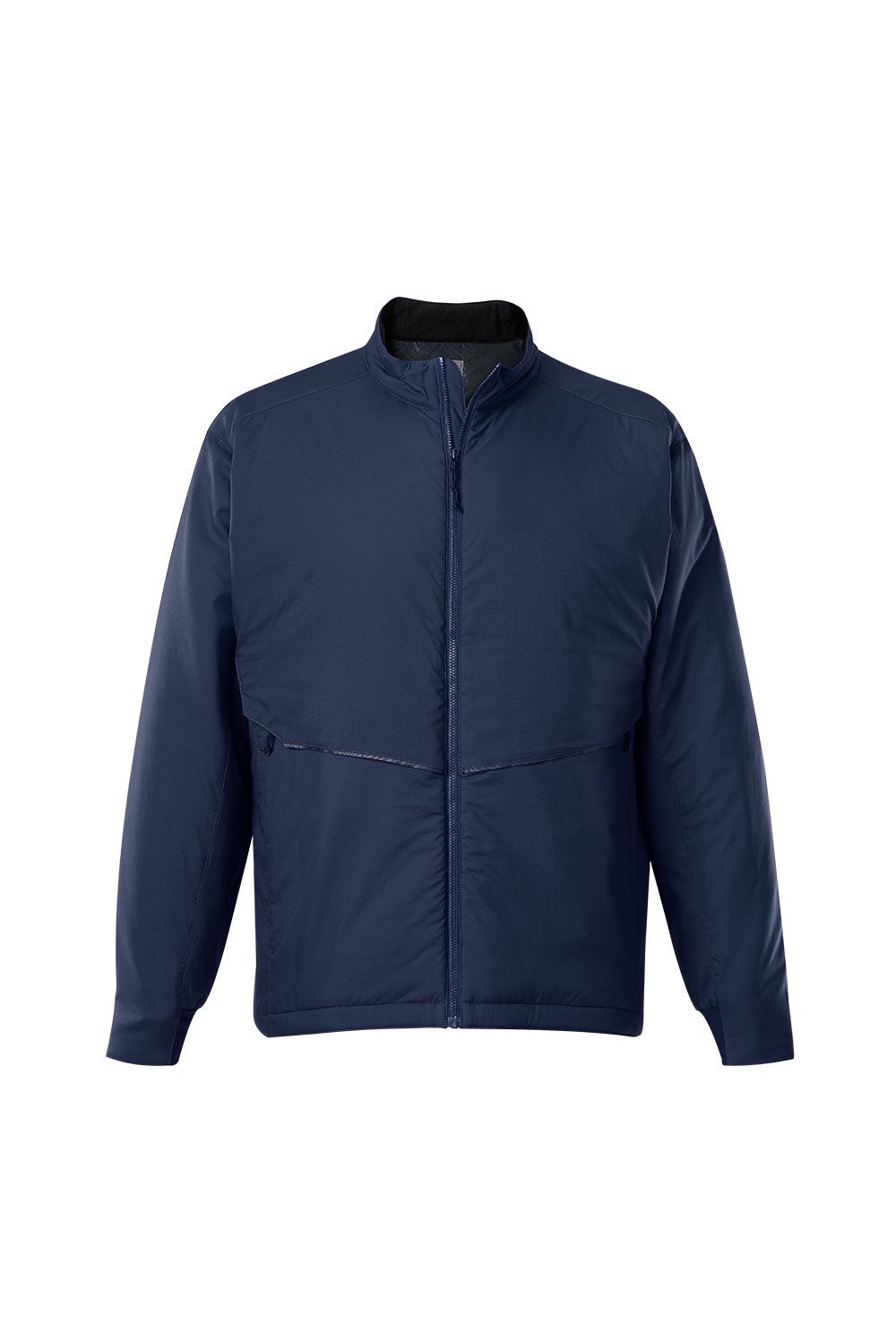 Product shot of a navy blue insulated zip-up jacket featuring a stand-up collar and subtle angled stitching details on the front panels.