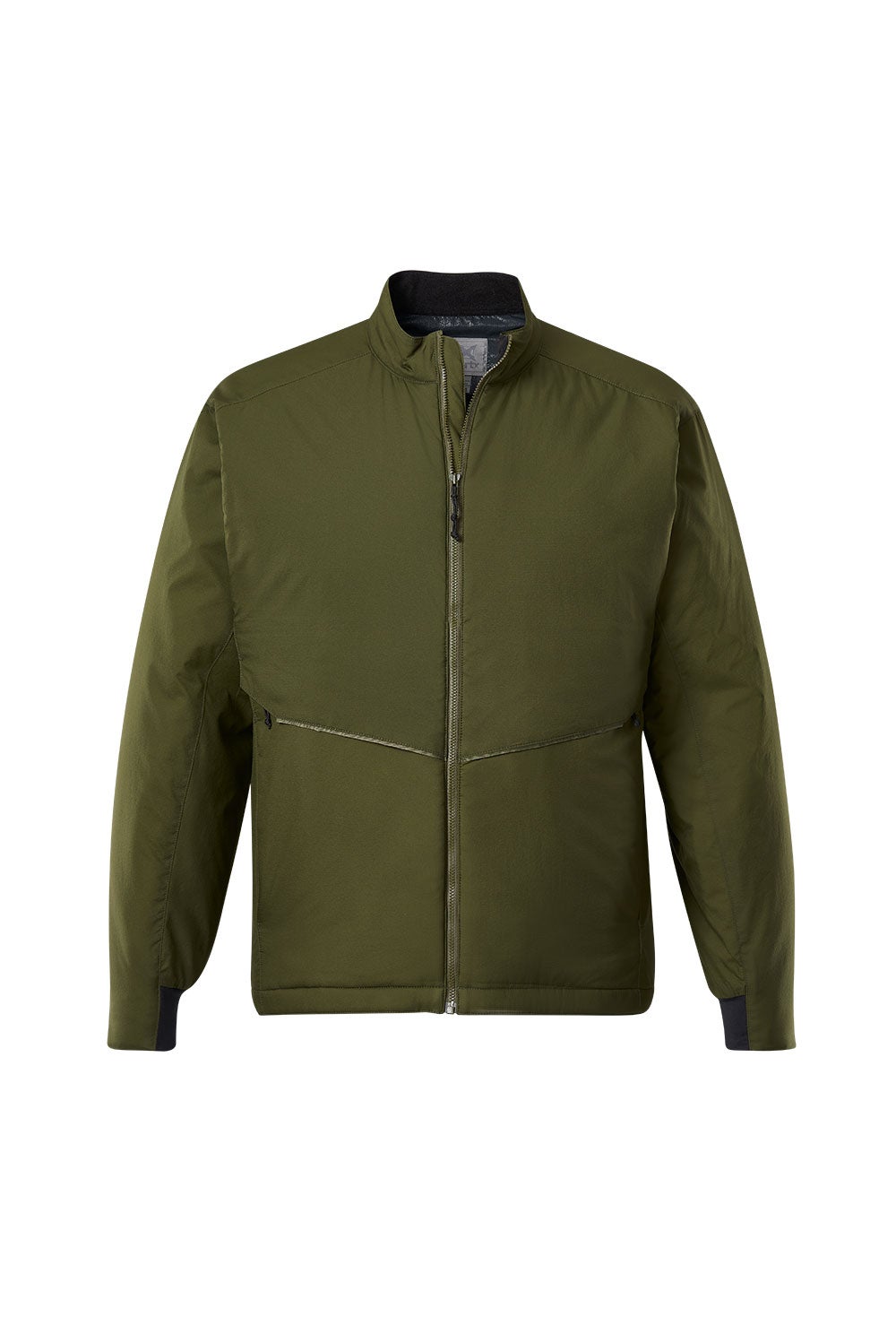 Product shot of an olive green insulated jacket featuring a full zip closure contrasting dark gray cuffs and subtle diagonal stitching details