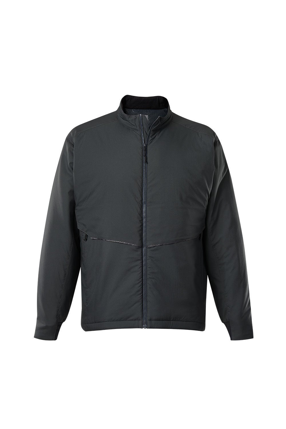 Product shot of a dark gray insulated zip-up jacket with a stand-up collar and subtle diagonal seams showcasing its lightweight and water-resistant design