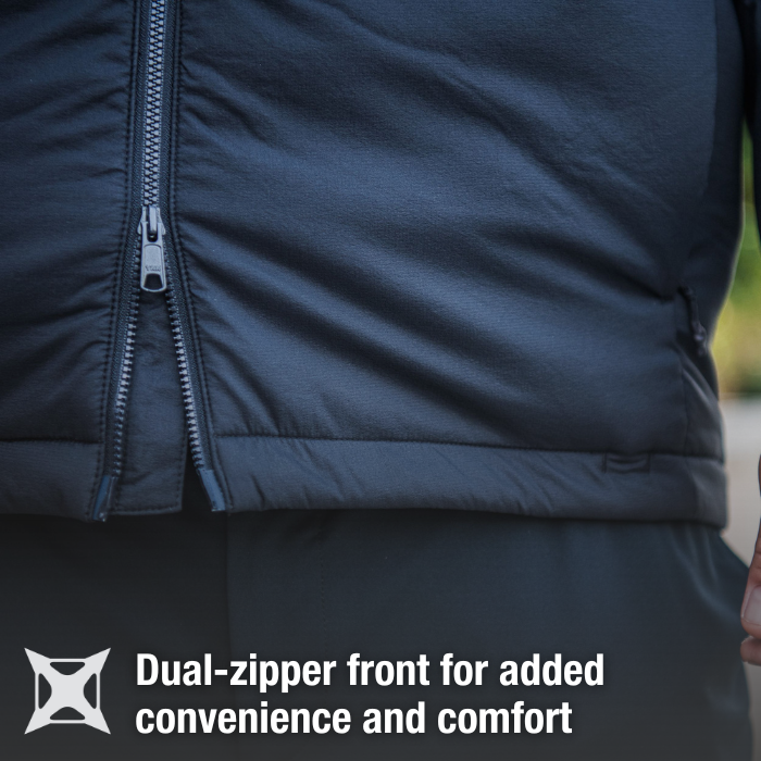 Close-up product shot of a dark gray jacket featuring a dual zipper, smooth fabric texture and subtle stitching details