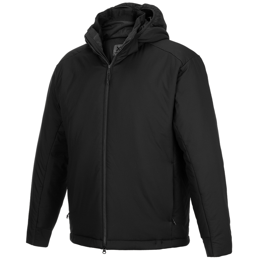 Product shot of a black insulated zip-up jacket with a double-layered hood and subtle branding on the chest