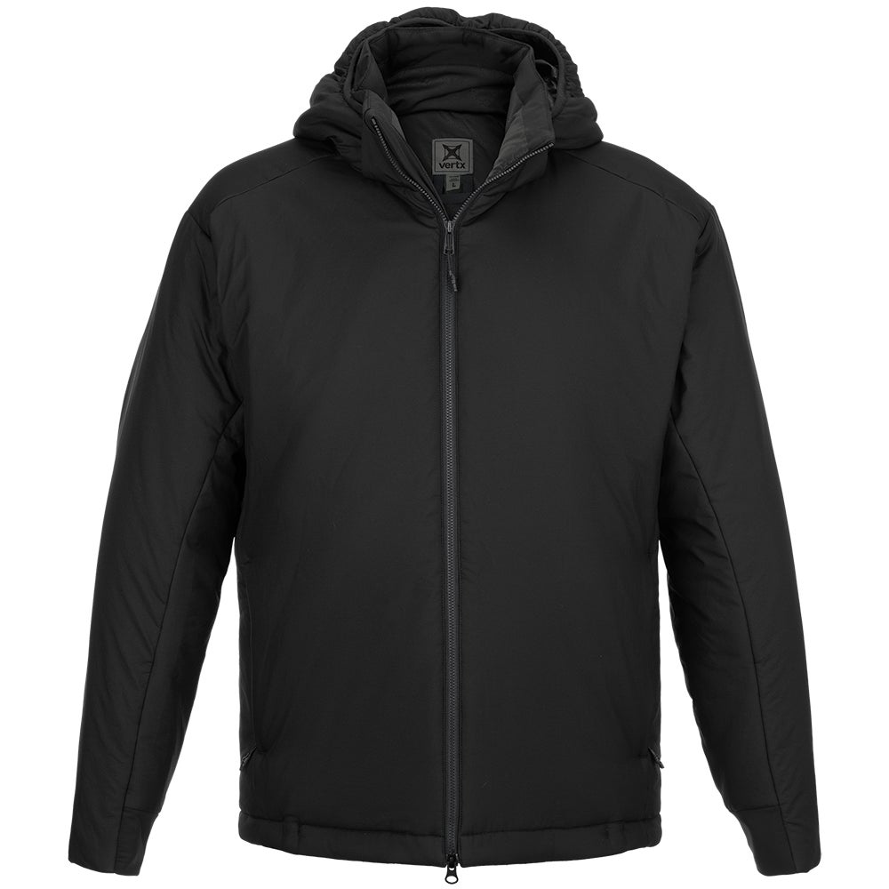 Product shot of a Vertex black insulated hooded jacket featuring a full-length zipper and a minimalist design with subtle stitching details