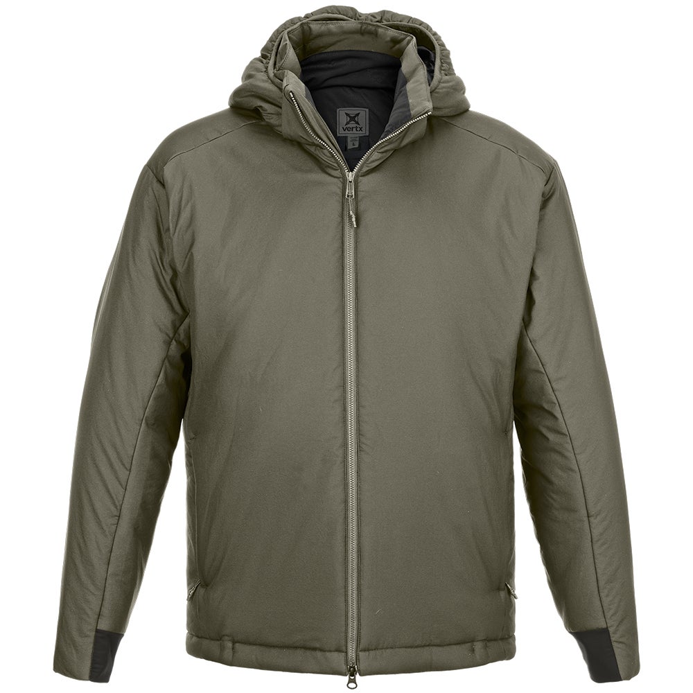 Product shot of a Vertx men's olive green insulated hooded jacket featuring a full zip front, dark gray inner hood, and black cuffs