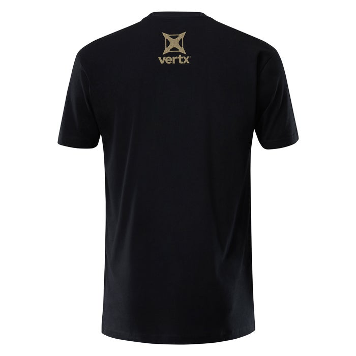 Black Vertx T-shirt back view showing a gold logo