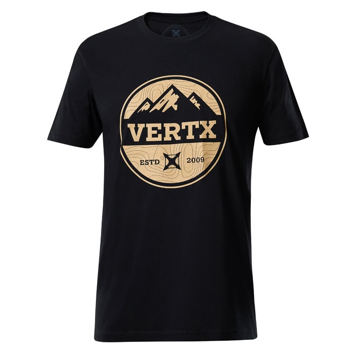 Black VERTX t-shirt featuring a tan circular logo of stylized mountains a compass rose and the text ESTD 2009