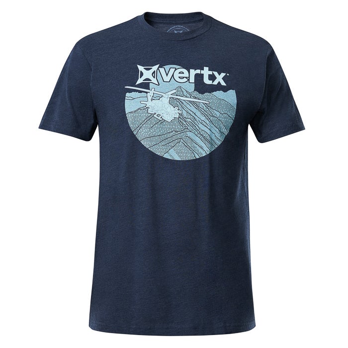Vertx t-shirt graphic design featuring a helicopter flying over teal-colored mountainous terrain with prominent peaks and valleys in a circular design