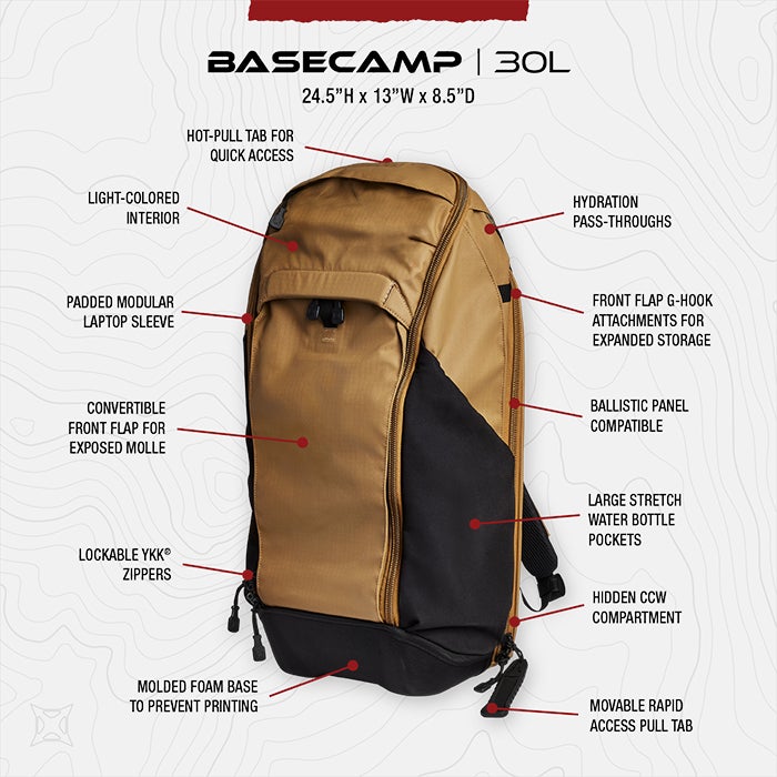 Product shot of a tan and black Basecamp 30L backpack featuring lockable zippers, a padded laptop sleeve, and MOLLE compatible straps.