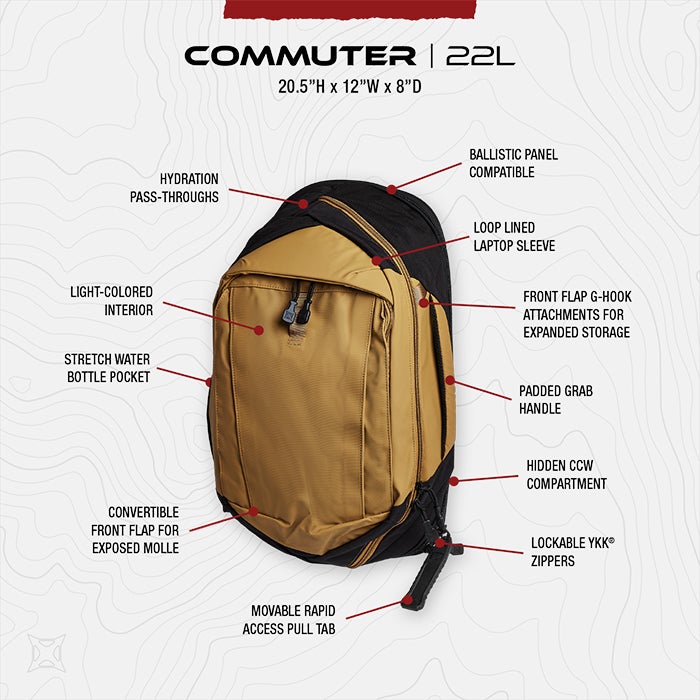 Product shot showing a tan and black 22L Commuter backpack with a padded grab handle, lockable zippers, and a convertible front flap for exposed molle webbing