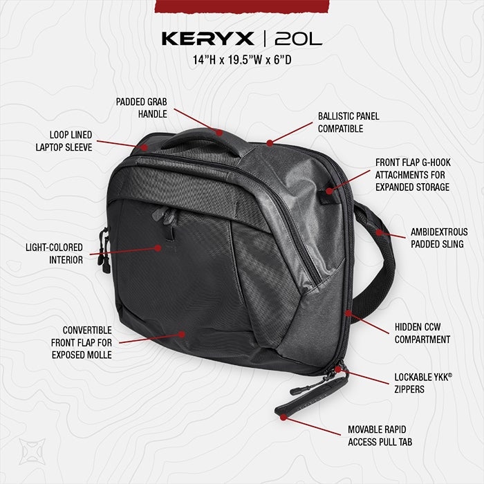 Product shot of a black Keryx 20L backpack featuring a padded grab handle, ambidextrous padded sling, and lockable YKK zippers showcasing a light-colored interior and convertible front flap