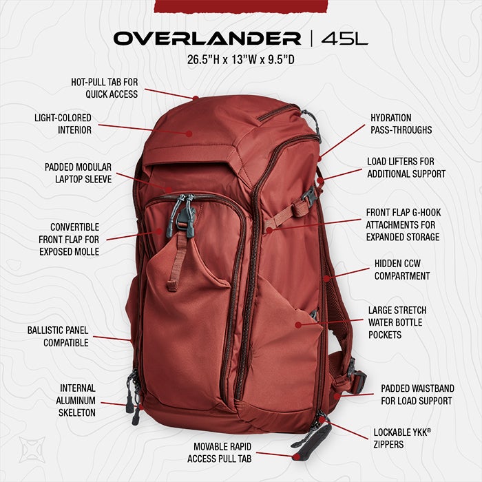 Product shot of a red 45L Overlander backpack featuring a padded laptop sleeve, lockable zippers, and multiple pockets for organization