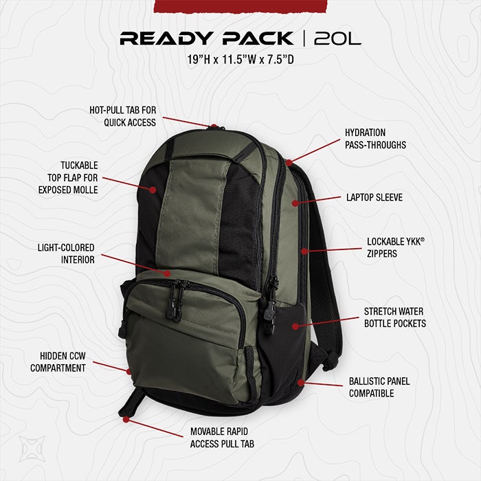 Product shot of a Ready Pack 20L olive-green backpack featuring lockable zippers, a hidden CCW compartment, and a light-colored interior