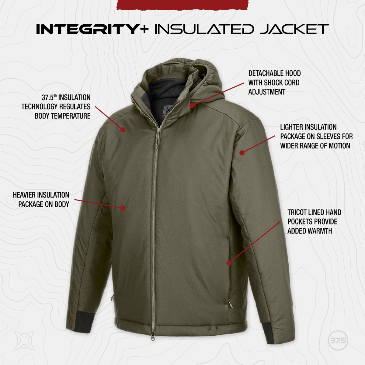 Product shot of the 37.5 Integrity+ Insulated Jacket showcasing its olive green color, detachable hood with shock cord, and heavier insulation on the body with lighter insulation on the sleeves for better mobility