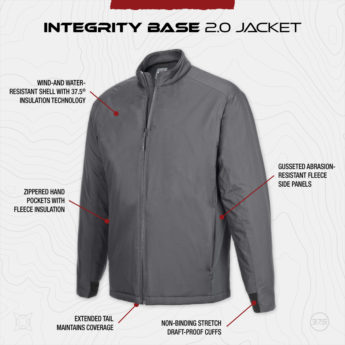 Product shot of the 37.5 Integrity Base 2.0 Jacket showing a charcoal gray wind and water resistant shell with fleece lined zippered pockets and extended tail for coverage