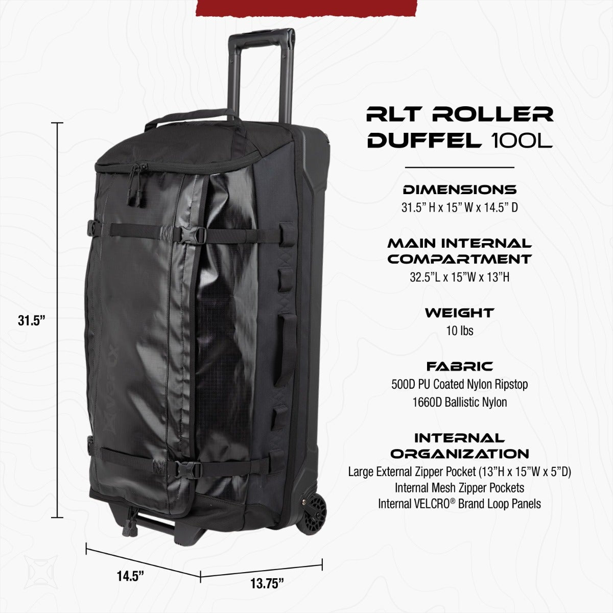 Product shot of a black RLT Roller Duffel 100L travel bag featuring a telescopic handle, multiple zippered compartments, and durable nylon construction