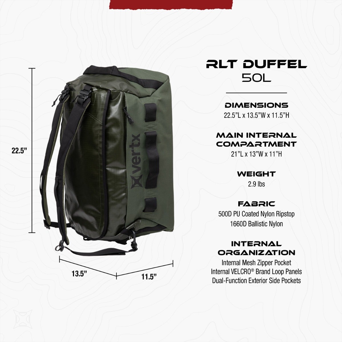 Product shot of a Vertx RLT Duffel 50L bag showing its olive green color, black accents, and multiple pockets against a white background