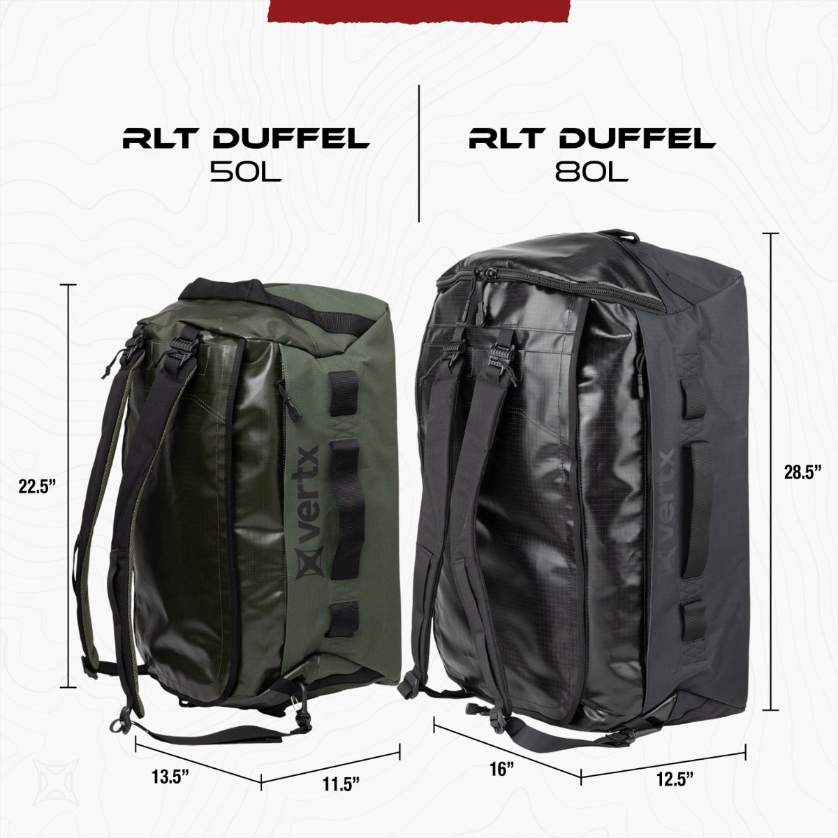 Product shot showing Vertx RLT Duffels in olive and black 50L and 80L sizes featuring durable water-resistant materials and adjustable padded shoulder straps