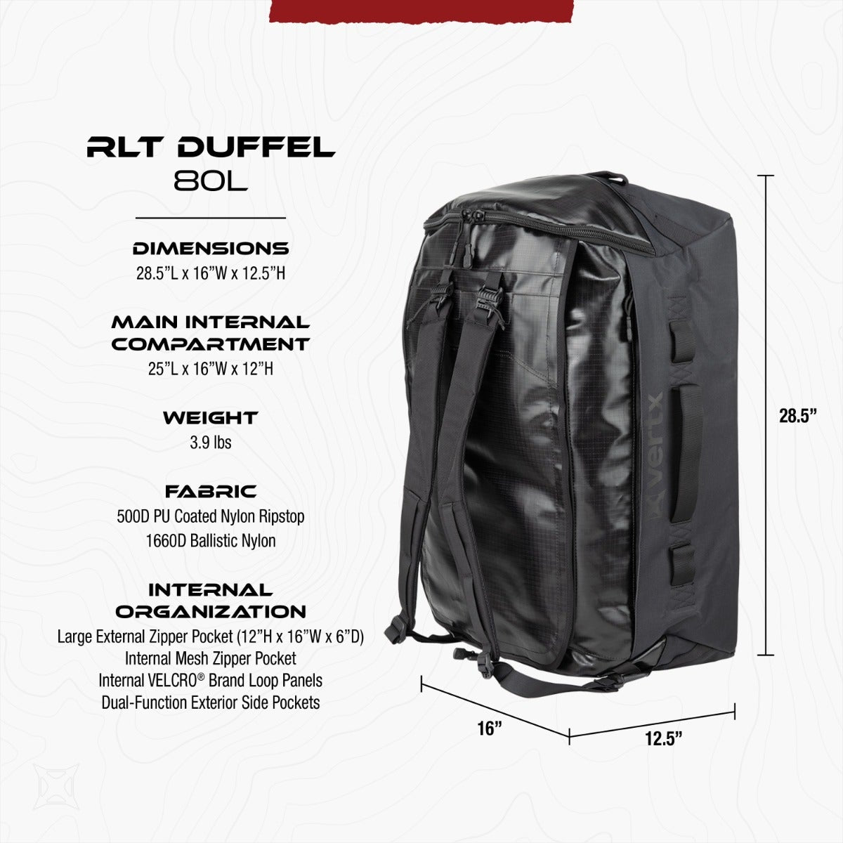 Product shot of a black Vertix RLT 80L duffel bag showing its dimensions and multiple pockets with durable ripstop and ballistic nylon fabric